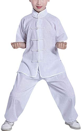 Mengmiao Kinder Unisex Kurze Ärmel Oberteile und Hosen Kampfsport Anzug Kung Fu 2-Teiliges Set Weiß 130