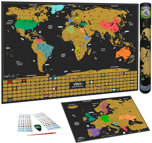 WIDETA Carte du monde à gratter avec drapeau (60 x 42 cm)/ Inclus Carte d'europe, autocollants et outils de grattage/Made in EU