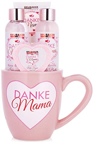BRUBAKER Cosmetics - Danke Mama - 5-teiliges Bade- und Dusch Set mit Rosen Vanille Duft - Badeset Mutter Geschenkset in rosa Tasse mit Herz Dekor