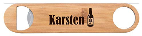 Flaschenöffner aus Edelstahl und Bambus Bierflasche mit Wunschname (z.B. Karst