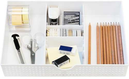 Amtido Desk Drawer Organiser Tray for Office Stationary Supplies & Accessories - Sleek 3 Compartments Stationery Organisers with 2 Adjustable Dividers - White Desk Tidy Organiser