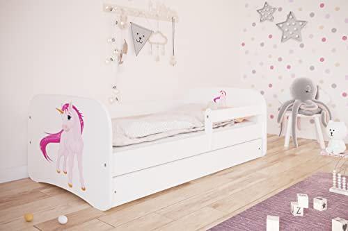 Bjird Kinderbett Jugendbett 70x140 80x160 80x180 cm Weiß mit Rausfallschutz Matratze Schublade und Lattenrost Kinderbetten für Mädchen und Junge - Einhorn 160 cm