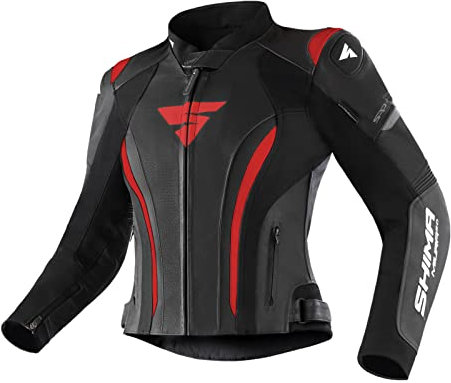 SHIMA MIURA 2.0 Giacca da moto - pelle, da donna, giacca sportiva con protezioni per schiena, gomiti e spalle, pelle perforata, per tuta 2 pezzi (Nero/Rosso, 32)