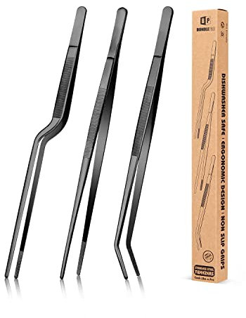 Set di pinzette da cucina, pinze professionali per alimenti in acciaio inox, pinzetta da cucina nera lunga per cucinare, impiattare, decorare e barbecue (NERO, 30,5 CM)