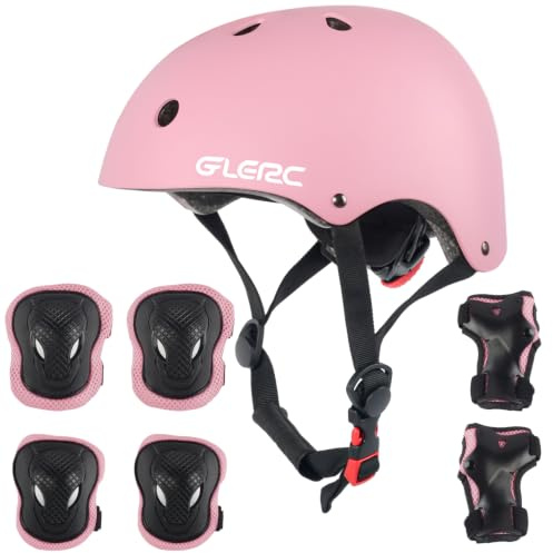 Glerc Enfants Casque de Protection Set Genou coude protège - Poignets pour Les garçons et Les Filles de Plus de 8 Ans Skateboard Roller Bike Skate Protection Set réglable, m, Rose