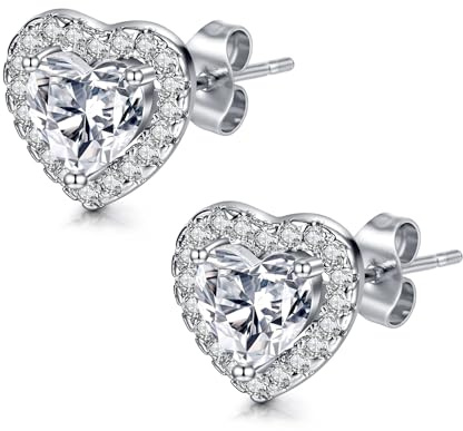 AVYRING Silver Heart Earrings - Cubic Zirconia Studs, Hypoallergenic & Dainty, Perfect for Brides & Bridesmaids