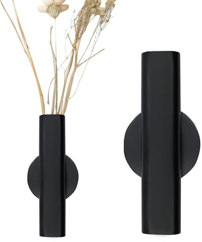 AUXBC 7 Wall-Mounted Flower Tube, Top/Bottom Open Vase, Wall Metal Flower Tube Decoration Holder for Flower Display, Home Office Living Room Bedroom Decoration with Adhesive Material, 2pcs(Black)