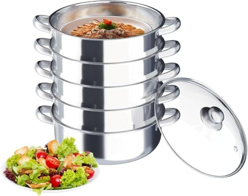 GJVBGA 5 Tiers Steamer for Cooking, Stainless Steel Steamer, Compatible with Vented Glass Lid Cookware Pot & Pan Set for Gas Stove,Electric Halogen Oven Induction Hob(Size:32cm)