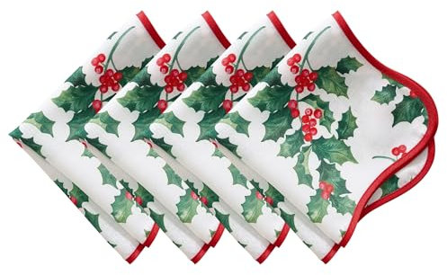 Elrene Home Fashions Vintage Holly Berry Red Scalloped Edge Border Christmas/Holiday Napkins, Set of 4, 17x17