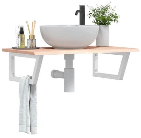 Homgoday Waschtischplatte mit Halterung Ersatztischplatte Tischplatte Ersatztei Arbeitsplatte für Waschtisch Badezimmer Stahl und Massivholz Eiche 80x50x2 cm Braun und Weiß