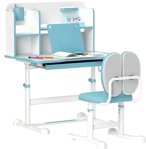 AIYAPLAY Set Scrivania e Sedia per Bambini 3-12 Anni Regolabili in Altezza, Banco Scuola con Piano Inclinabile 45°, Cassetto, Scaffale, Portapenne e Leggio, in Acciaio e MDF, Blu