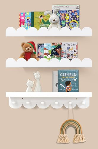 Iswabard Floating Nursery Book Shelves with Hooks-Scalloped Wall Book Shelves for Bedroom Kids Set of 3, Nursery Furniture Must Have, 16 Inch, White