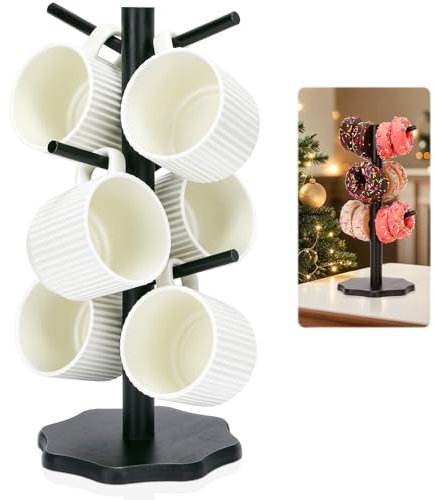 Euqvunn Porte-Gobelet à Café avec 6 Crochets, Arbre Porte-Gobelet, Porte-Tasses Bois Arbre Tasse à Café avec Base Épaissie, Support de Tasse Mug, Support à Bretzel, Arbre à Tasse Bois(Noir)