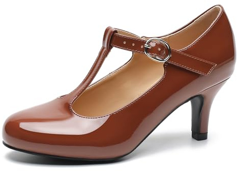 Peijely Women's T Strap Mary Jane Kitten Heel Pumps Round Toe Dress Office Work Shoes, Brown Patent, 5.5 UK