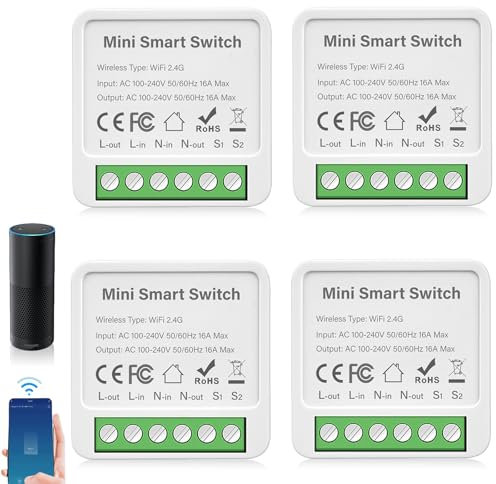 Smart Life interruttore 4 interruttori della luce intelligenti modulo a 2 vie, WLAN Mini relè intelligente, compatibile con Google Assistant e Alexa, neutro richiesto