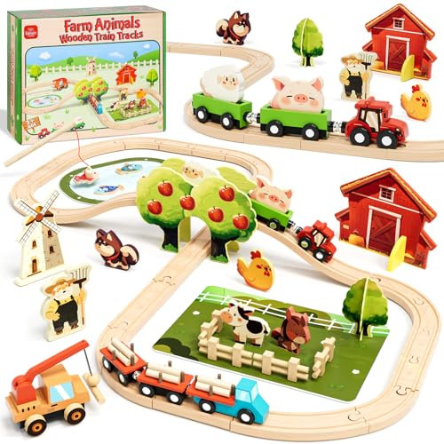 Lehoo Castle Wooden Train Set, 72PCS Farm Toddler Toys for 3 4 5 6 Year Old Boys Girls, Train Tracks with Magnetic Crane, Kids Toys Birthday Gifts for Age 3-5