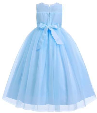 IWEMEK - Vestidos para niñas, tul con espalda descubierta, larga fiesta de graduación, sin mangas, abullonadas, princesa, vestido de noche, boda, dama de honor, bautizo, fiesta de cumpleaños, azul, 13