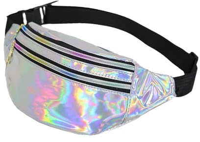 CXNXFD Mode Bauchtasche Damen Herren Glitzer,Holografische Gürteltasche, Mehrfarbig Metallic Glanz, Dreifach-Reißverschluss, Verstellbarer Gurt, Bauchtasche 80er Jahre Damen,Silber