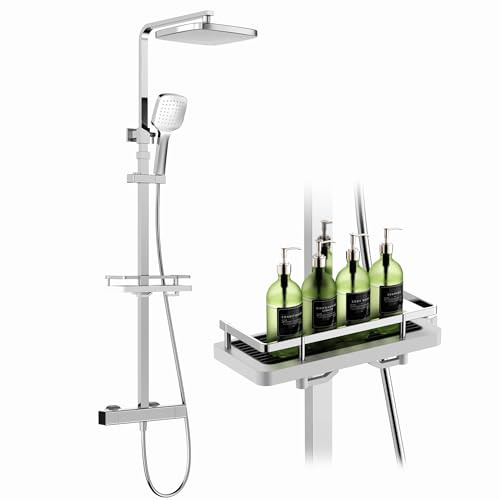 HOMELODY Duschsystem mit Thermostat & Duschablage Chrom - Duscharmatur Komplettset mit Handbrause & Kopfbrause - Höhenverstellbar, 38 °C Sicherheitssperre, Wandmontage für modernes Badezimmer