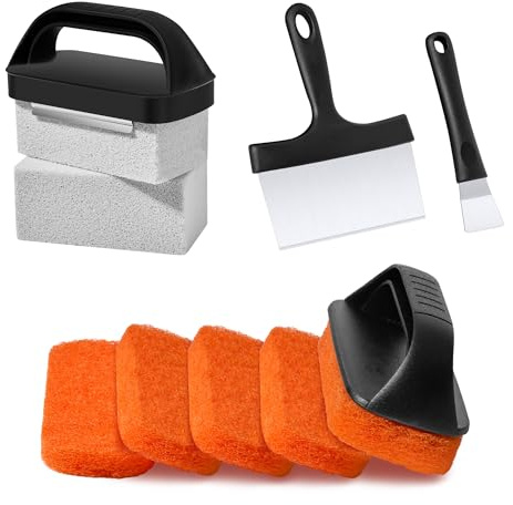 HE-SANQI Griddle Cleaning Kit for Blackstone, Flat Top Grill Cleaning Kit with Griddle Scraper, Grill Brick, Scouring Pads & Ergonomic Handles to Remove Grease, Burnt Residue (11 PCS)
