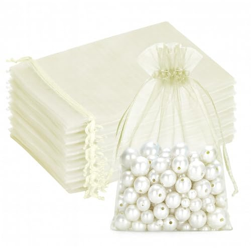 G2PLUS Beige Organza Gift Pouches 13x18 cm: Large Favor Bags, 50 PCS | Wedding Jewelry Bags, Clear Mesh Pouches Perfect for Wedding, Christmas, Birthday, Anniversary