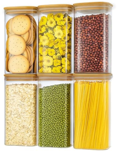 CROWNSHOP Set of 3 Large Glass Storage Jars with Lids Airtight Spaghetti Pasta Storage Container Kitchen Containers Clear Food Storage containers for Spaghetti Pasta Oats Cereal Rice (1.6L 6PCS)