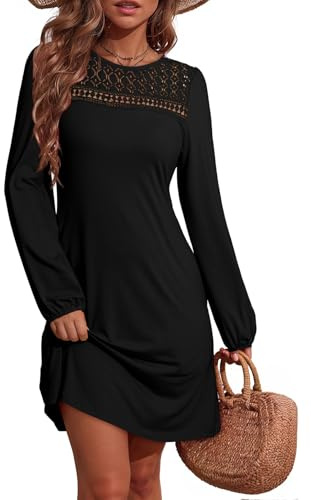 Dokotoo Women's Long Sleeve Dresses Fall Fashion Elegant Lace Hollow Out Patchwork Crew Neck Lantern Sleeves Ladies Dress Solid Color Casual A Line Shift Womens Minidress Black M