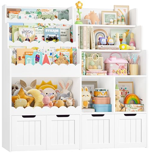 FOREHILL Kinderregal mit 4 Schubladen auf Rollen Kinderzimmer Möbel aus Holz Bücherregal für Kinder Kinderschrank mit Spielzeugkiste Kinderbücherregal mit 4 Boxen 125x 120 x 40 cm weiß