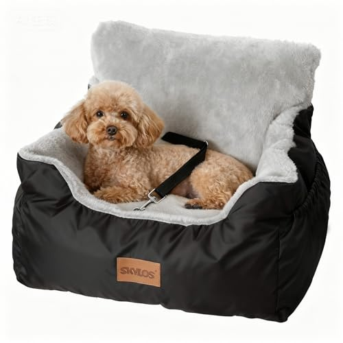 Skylos Dog Car Seats for Small Dogs or Cats, Plush & Cosy Pet Car Booster Seat Travel Bed with Storage Pocket, Safety Leash, Waterproof Liner & Non-Slip Base, Soft Secure Puppy Bed (Black)