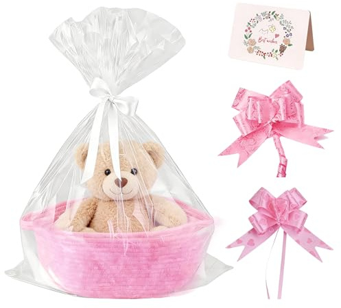 Presentkorg tom, flätad korg som present med presentfolie presentrosett och gratulationskort, presentkorg tom förvaringskorg för födelsedag bröllop påsk skördefest jul