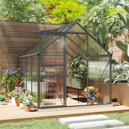 DecHome - Serra in Policarbonato e Alluminio con Finestra Apribile e Porta Scorrevole 190x253x199 cm Colore Grigio Scuro