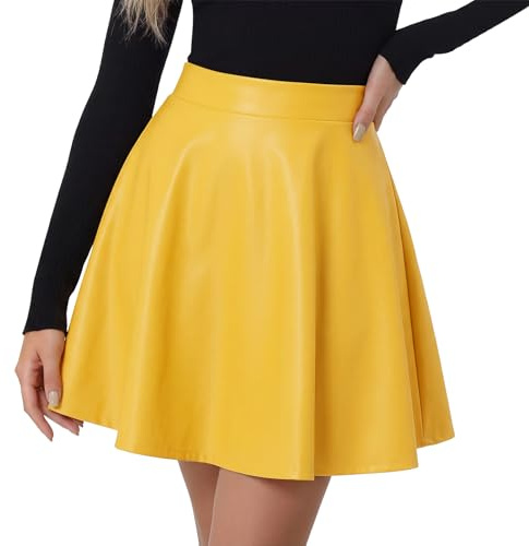 WERFORU Gonna in pelle da donna, minigonna in pelle, per donna, elasticizzata, linea ad A, per pattinare, D giallo, L