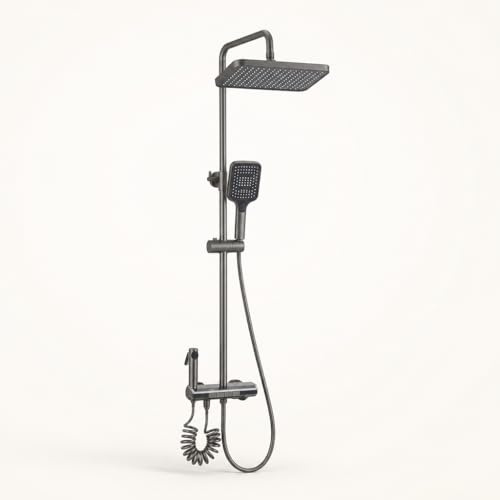 Ducha Termostática con Lluvia, Ducha de Mano, Aspersor Bidé y Control Digital de Temperatura – Columna de Ducha Multifunción Antracita con Tecnología Jet Air, Altura Regulable y Cambio de Función