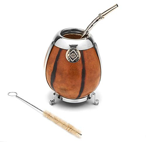 balibetov [New Handmade Yerba Mate Gourd Set - German Silver Trim and Base - [Mate Cup] with Bombilla [Yerba Mate Straw] (Beige)