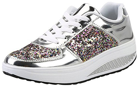 MRULIC Damen Gym Turnschuhe Freizeit Schnürer Sportschuhe Pailletten Glänzende Outface Schuhe Laufschuhe Sneaker Wedges Schuhe(Silber,40 EU)
