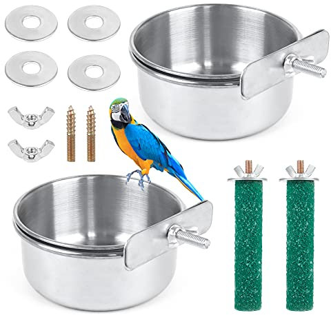 2 Pieces Bird Feeding Dish Cups, Stainless Steel Bird Bowl with 2 Pieces Stand Perch Cage Cup Holder with Clamps Parrot Food Bowl for Cage