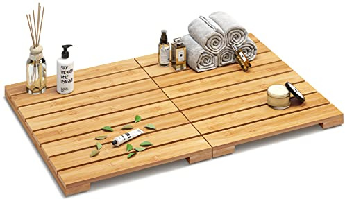 Waterproof Bamboo Bath Mat for Shower, Wooden Floor Mat for Bathroom, Foldable | Non-Slip | Heavy Duty, Shower Mat for Indoor Outdoor, 23.54in x 15.63in