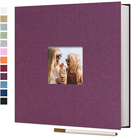 Vienrose Photo Album Self Adhesive Book with Window 60 Pages 33x32cm Purple | Linen Cover, Scrapbook Album, 4X6 8X10 Photos, Metallic Pen, Wedding Baby Travel