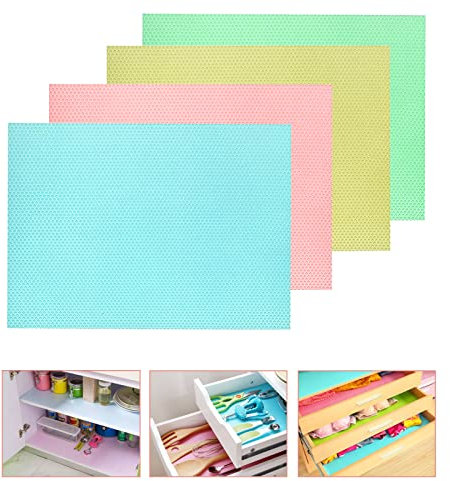 FuninCrea Tappetini per Frigorifero, 4 Pezzi Colorati Tappetino Frigo Morbidi Lavabili 17,7 x 11,4 Pollici Tagliabili Antiscivolo per Scaffali da Cucina Accessori per Frigorifero (4 Colori)