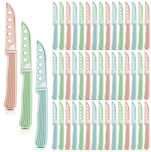 Minatee 50 Pcs Colored Paring Knife 6.5 x 2.8 Inch Kitchen Fruit and Vegetable Knife with Straight Edge for Chef Cutting Peeling Cooking, Plastic Handle and Sheath, Pink Green Blue