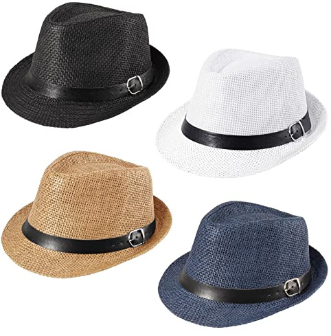 Ultrafun 4 Pack Kids Fedora Hat Short Brim Straw Trilby Jazz Hat Summer Sun Beach Cap for Boys Girls 5-8 Years (Black+White+Khaki+Navy)