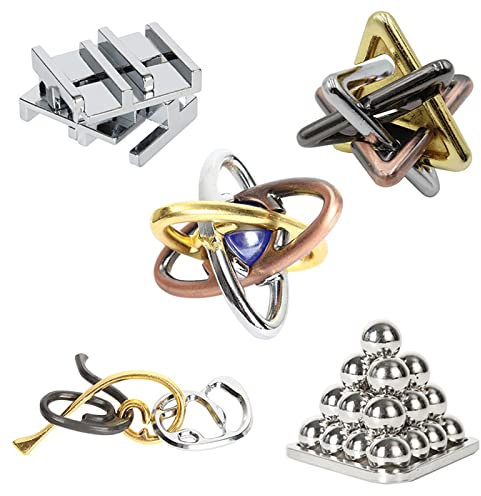 Holzsammlung 5 Stück Knobelspiele im Set,Metall Knobelei IQ-Spiele Set IQ Test 3D Brainteaser Puzzle Metallpuzzle Geschenke für Kinder Teenager & Erwachsene Weihnachten Geschenk#A03