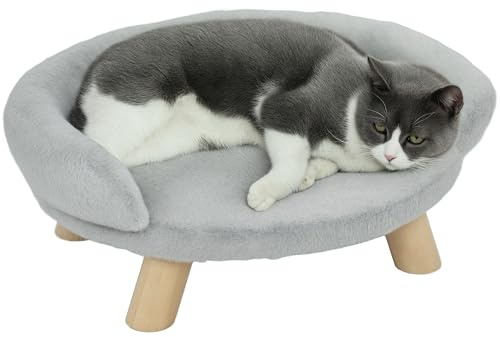 PawHut Canapé pour Chien lit pour Chien Chat Animal Domestique Amovible Lavable revêtement en Peluche Pieds en Bois de pin Solide 47 x 40 x 20 cm Gris