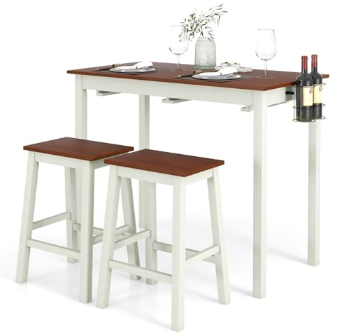 TANGZON 3-Piece Dining Table Set, Wooden Kitchen Table and 2 Stools with Wine Holders, Footrest & Non-Slip Footpads, Space Saving Breakfast Bar Table Chairs Set (Flat Seat, with Wine Holder)