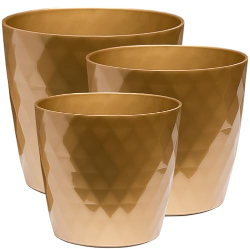 Home Garden Ornaments Vaso per Piante da Interno Dorato Set di 3 Misure 14/16/18 cm - Vaso da Esterno con Superficie in Cristallo Lucido - Vasi per Piante da Esterno (Dorato)