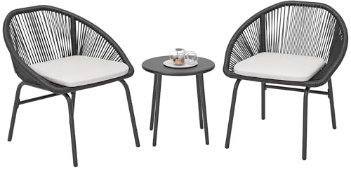 Outsunny Ensemble Salon de Jardin 3 pièces pour 2 Personnes avec Coussins d'assise Moelleux avec Corde en résine tressée et Acier époxy Noir