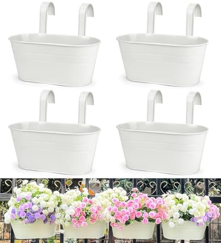 LATERN 4 Pièces Pots de Fleurs Suspendus en Métal, 27.5CM Grands Pots de Plantes Seau à Fleurs Suspendu avec Crochet Amovible pour Balcon Clôture Jardin Maison Décor (Blanc)