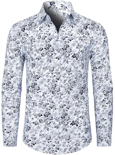 fohemr Mens Floral Printed Shirt Casual Button Down Long Sleeve Patterned Shirt 100% Cotton
