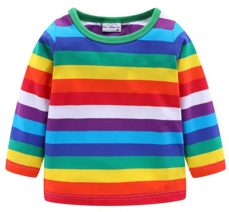 Mud Kingdom T-shirt per bambini e bambine, girocollo, a righe arcobaleno, in cotone, 12 mesi-10 anni, Striscia arcobaleno verde, 4 anni