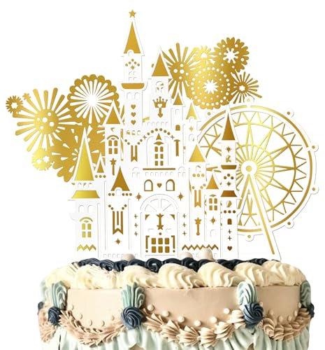 SYKYCTCY 4 Pack Castle Cake Toppers Acrylic Ferris Wheel Cake Picks Firework Shape Cake Decorations for Baby Shower Celebrate Birthday Happy New Year Party Supplies Gold